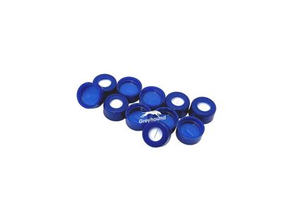 9mm Open Top Screw Cap, Blue with Bonded Blue PTFE/White Silicone Septa, 1mm, Pre-Slit