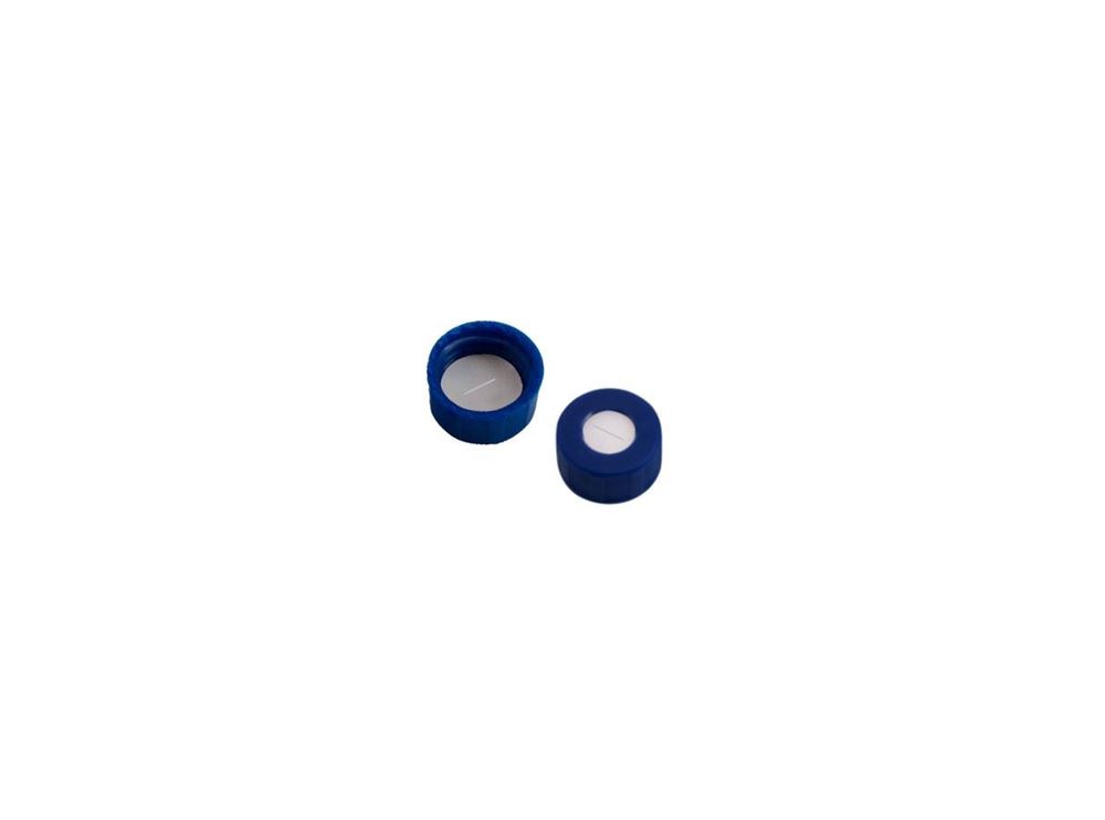 Picture of 9mm Open Top Screw Cap, Blue with Bonded White PTFE/Beige Silicone Septa, 1.3mm, Pre-Slit