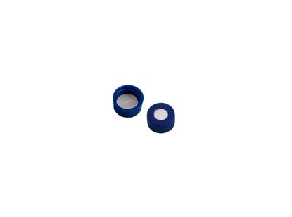 9mm Open Top Screw Cap, Blue with Bonded White PTFE/Beige Silicone Septa, 1.3mm, Pre-Slit