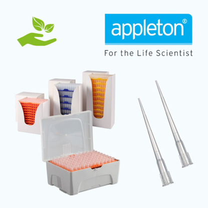 10uL pipette tips, hinged 10x96 rack, low retention, extended length, graduated, sterile, Appleton