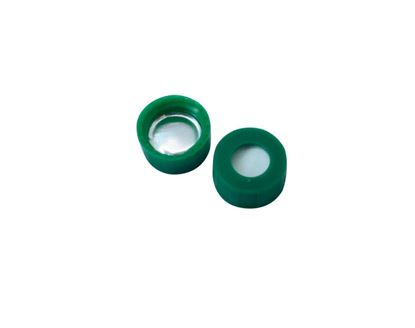 9mm Open Top Screw Cap, Green with Aluminium Foil/White Silicone Septa, 1mm, (Shore A 50)