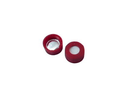 9mm Open Top Screw Cap, Red with Aluminium Foil/White Silicone Septa, 1mm, (Shore A 50)