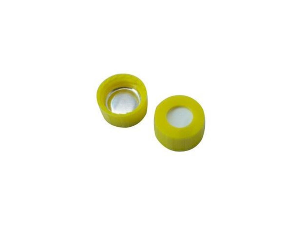 Picture of 9mm Open Top Screw Cap, Yellow with Aluminium Foil/White Silicone Septa, 1mm, (Shore A 50)