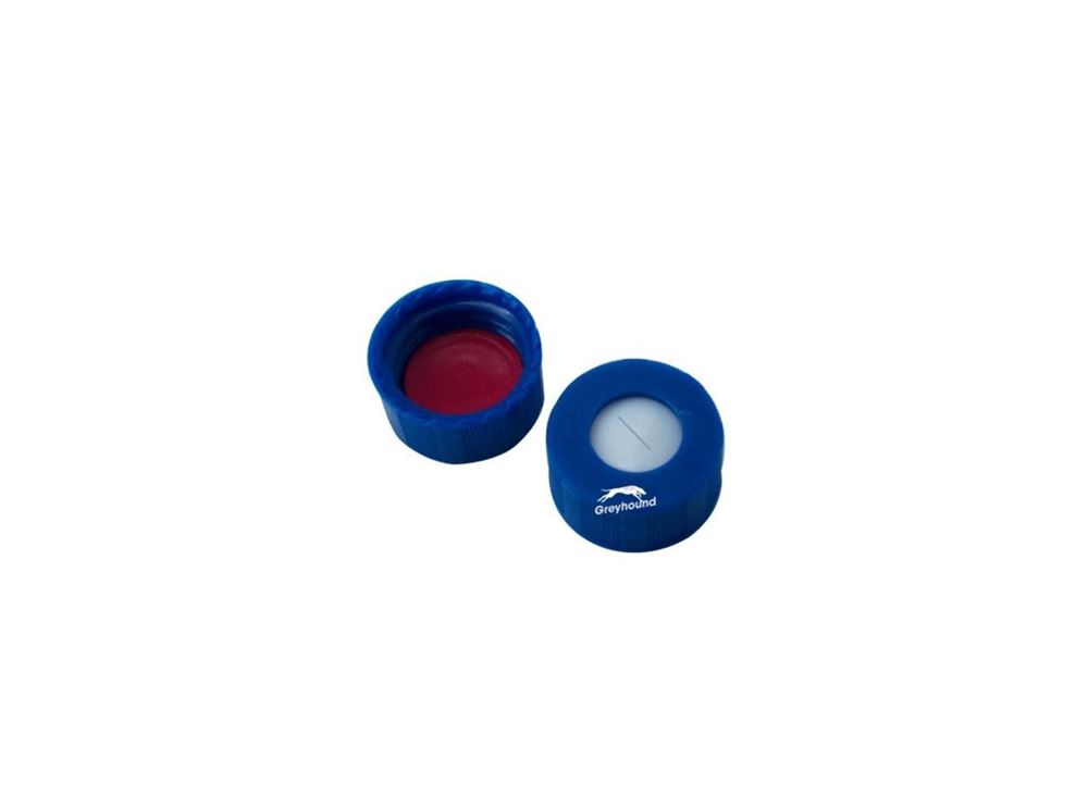 Picture of 9mm Open Top Screw Cap, Blue, with Bonded Red PTFE/White Silicone Septa, Pre-Slit, 1mm