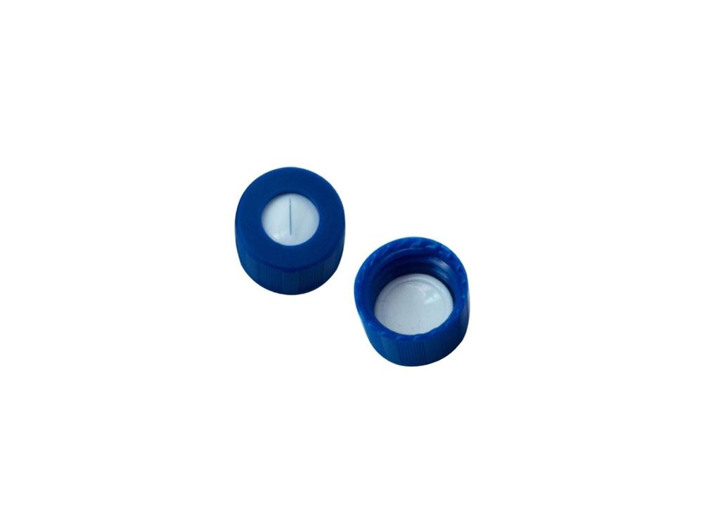 Picture of 9mm Open Top Screw Cap, Blue with Bonded Red PTFE/White Silicone Septa, 1mm,  Pre-Slit