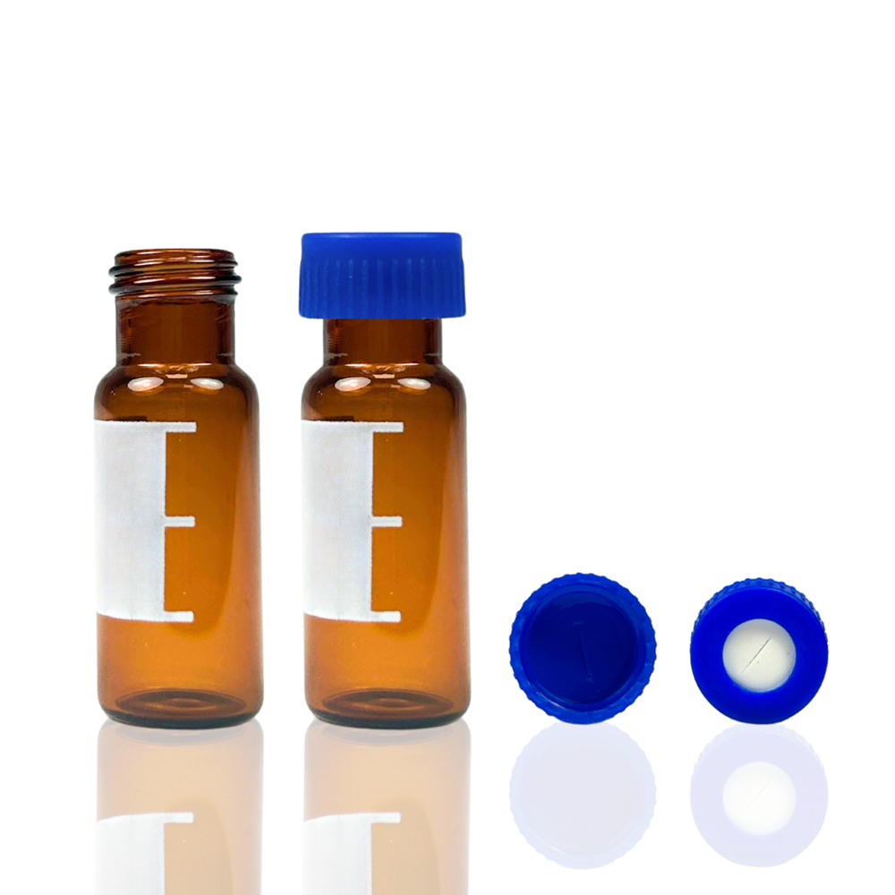 Picture of Vial Kit - P/Nos. 60-100120-A + 60-101076-B  2mL Wide Neck Screw Top Vial, Short Thread, Amber Glass with Graduated Write-on Patch + 9mm  Blue Open Top Screw Cap with Blue PTFE/White Silicone Septa, 1mm, Pre-Slit