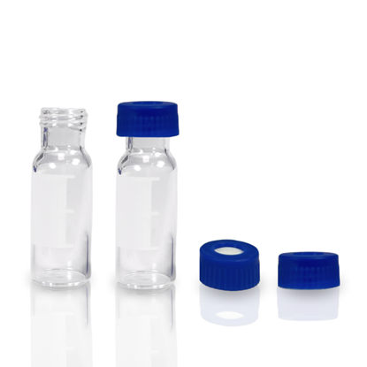 Vial Kit - P/Nos. 60-100120 60-101048-B 2mL Wide Neck Screw Top Vial, Short Thread, Clear Glass with Graduated Write-on Patch 9mm Blue Open Top Screw Cap with Red PTFE/White Silicone Septa