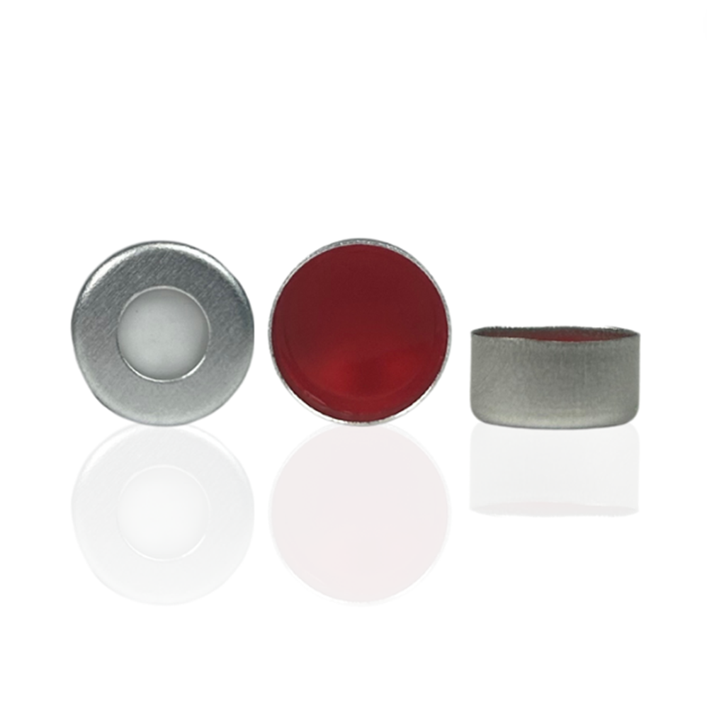 Picture of 11mm Aluminium Crimp Cap, Silver with Red PTFE/WhiteSilicone Septa, 1.3mm, (Shore A 45)