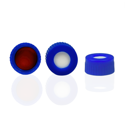 9mm Open Top Screw Cap, Blue with Red PTFE/White Silicone Septa, 1mm, (Shore A 55)